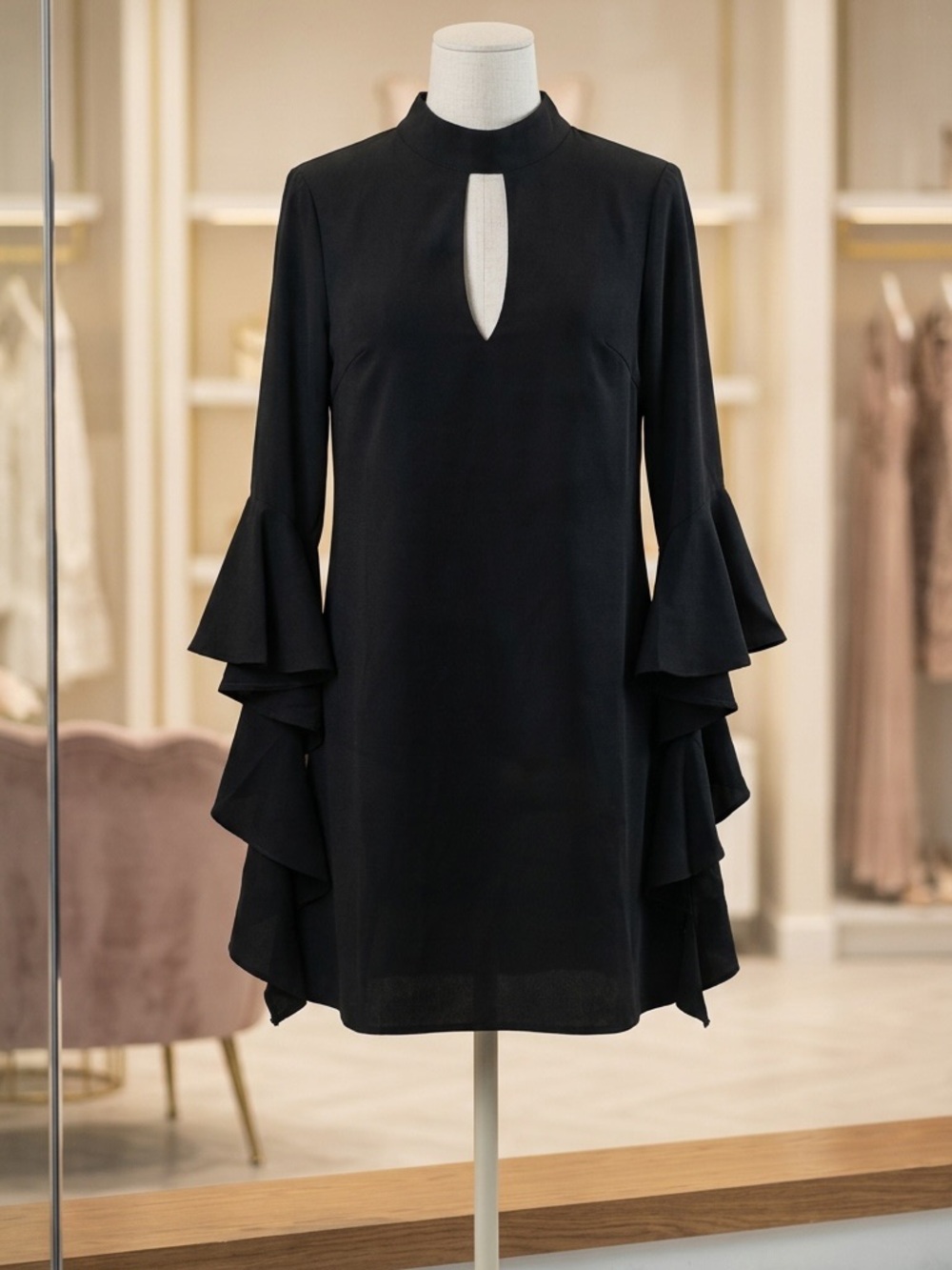 NWOT Black Ruffle-Sleeve Keyhole Shift Dress
